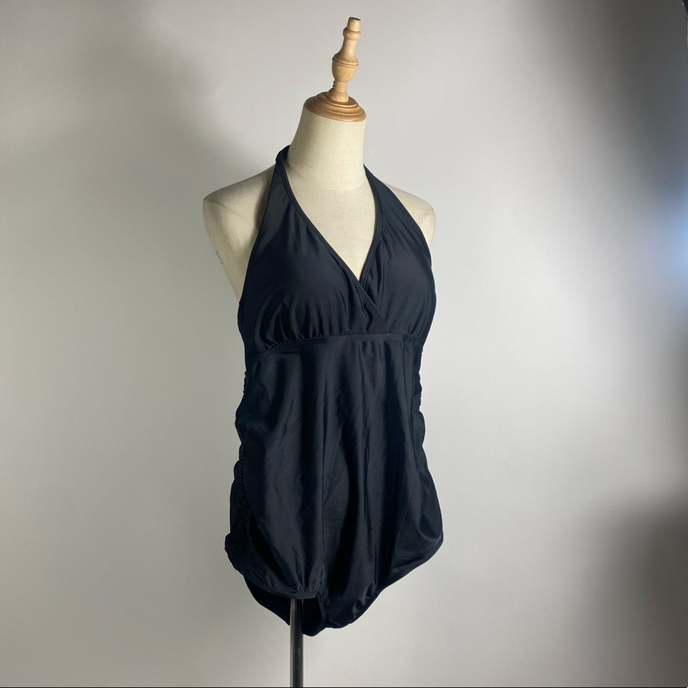 MOTHERHOOD MATERNITY Beach Bump V Neck Halter Black One Piece Swimsuit Top XL